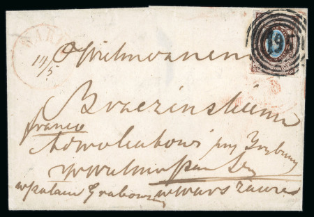 Stamp of Poland 1857 Russia 10 kopek brown & blue, imperforate, tied to 1858 cover from Warta to Warsaw by Polish "195"