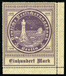 Stamp of Germany » German Ship Post Abroad » German Sea Post Ozeanreederei 1916, 100M brown violet on gold, showing the very rare variety watermark lines falling "fallende Stufen", mint n.h.