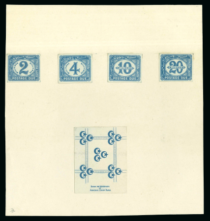 Stamp of Egypt » Postage Dues 1921-22 Harrison proofs on archival page from 1920 showing 2m, 4m, 10m and unissued 20m imperforate in blue
