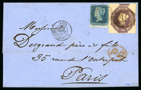Stamp of Great Britain » 1847-54 Embossed 1856 (Sep 29) wrapper from London to France with 1847-54 6d purple, good to large margins, and 1855 2d blue pl.5 wmk Large Crown, paying double the 4d rate to France