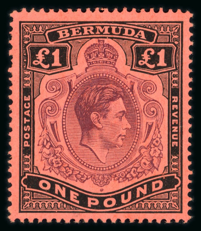 Stamp of Bermuda 1938-53 £1 deep reddish purple and black on pale red showing "gash in chin" variety mint