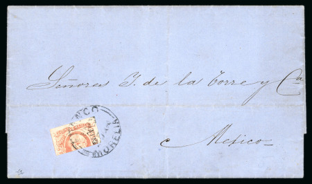 Stamp of Mexico Guanajuato: 1856 4r horizontal bisect, large margins on other sides, tied to 1858 entire