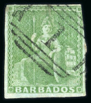 Stamp of Barbados 1852-1938 collection on pages in album, mostly comprising a useful range of the Britannia issues