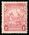 Stamp of Barbados 1852-1938 collection on pages in album, mostly comprising a useful range of the Britannia issues