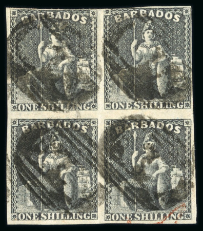 Stamp of Barbados 1858 no wmk 1/- black in used block of 4