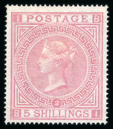 Stamp of Great Britain » 1855-1900 Surface Printed » 1867-83 High Values 1867-83 wmk MC 5/- pale rose Pl.2 BI mint with large part o.g.
