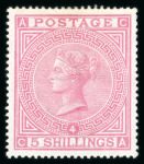Stamp of Great Britain » 1855-1900 Surface Printed » 1867-83 High Values 1867-83 wmk Anchor 5s rose pl.4 on white paper mint with large part o.g.