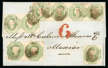Stamp of Great Britain » 1847-54 Embossed 1851 (Aug 2) entire to Mexico bearing embossed 1s green in strip of four, two pairs and a single