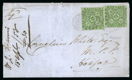 Stamp of Canada » Nova Scotia 1858 (April 15) entire sent registered to Halifax bearing two examples of 6d yellow-green