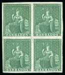 Stamp of Barbados 1852-55 (no wmk) 1/2d deep green on blued paper in mint block of four