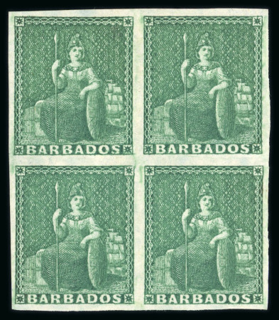 Stamp of Barbados 1852-55 (no wmk) 1/2d deep green on blued paper in mint block of four