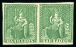 Stamp of Barbados 1855-58 no wmk 1/2d green on white paper in mint pair