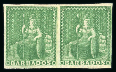 Stamp of Barbados 1855-58 no wmk 1/2d green on white paper in mint pair