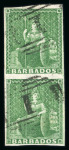 Stamp of Barbados 1855-58 no wmk 1/2d green on white paper in vertical used pair