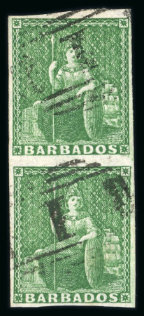 Stamp of Barbados 1855-58 no wmk 1/2d green on white paper in vertical used pair