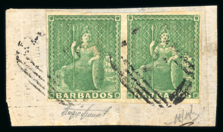 Stamp of Barbados 1855-58 no wmk 1/2d green on white paper in pair on fragment