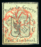 Stamp of Switzerland / Schweiz » Kantonalmarken » Genf 1845, kleiner Adler, allseits gute bis grüne Ränder, klar und zentrisch entwertet mit roter Genfer Rosette (AW2)