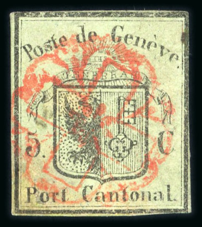 Stamp of Switzerland / Schweiz » Kantonalmarken » Genf 1845, kleiner Adler, allseits gute bis grüne Ränder, klar und zentrisch entwertet mit roter Genfer Rosette (AW2)