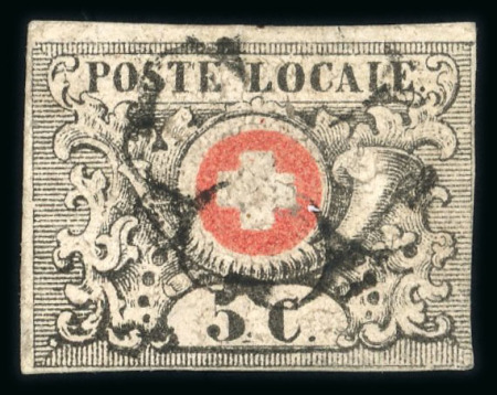 Stamp of Switzerland / Schweiz » "Waadt", "Neuenburg", "Winterthur" 1850, Waadt 5,  leicht entwertet mit seltener schwarzer Genfer Rosette
