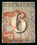 Stamp of Switzerland / Schweiz » Kantonalmarken » Zürich Zürich 6, Type 1, mit Abart « ohne Hintergrundlinien »,  entwertet mit roter Zürcher Rosette (AW1)