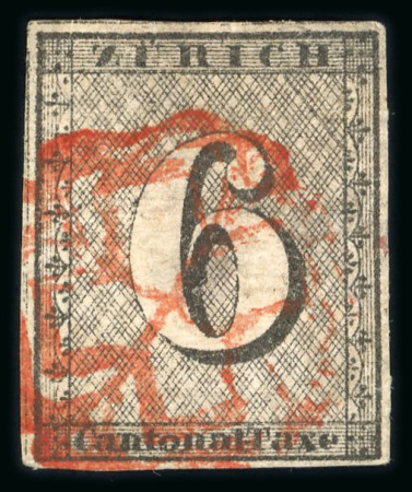 Stamp of Switzerland / Schweiz » Kantonalmarken » Zürich Zürich 6, Type 1, mit Abart « ohne Hintergrundlinien »,  entwertet mit roter Zürcher Rosette (AW1)