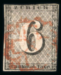 Stamp of Switzerland / Schweiz » Kantonalmarken » Zürich Zürich 6, Type 5, mit waagerechten Unterdrucklinien, leicht und zentrisch entwertet mit roter Zürcher Rosette