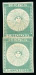 Stamp of Uruguay 1856 Diligencia 80c green in unused rejoined vertical pair