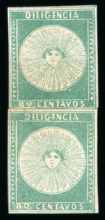 Stamp of Uruguay 1856 Diligencia 80c green in unused rejoined vertical pair