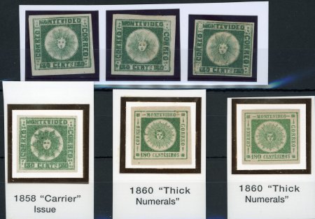 Stamp of Uruguay 1858-60 Sun issues 180c green group of 6 mint and unused singles