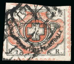 Stamp of Switzerland / Schweiz » "Waadt", "Neuenburg", "Winterthur" 1850, Winterthur, zart entwertet mit doppelt aufgesetzter schwarzer Zürcher Rosette (AW1)