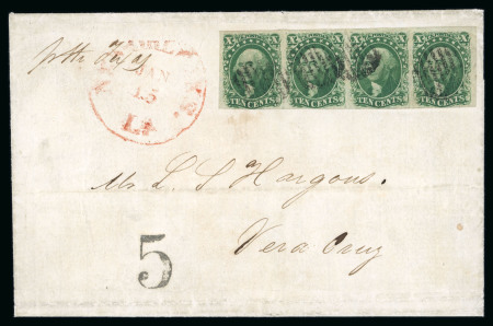 Stamp of United States » 1851-57 Issue 1856 (Jan 15) cover to Vera Cruz, Mexico, bearing strip of four 10c green type II