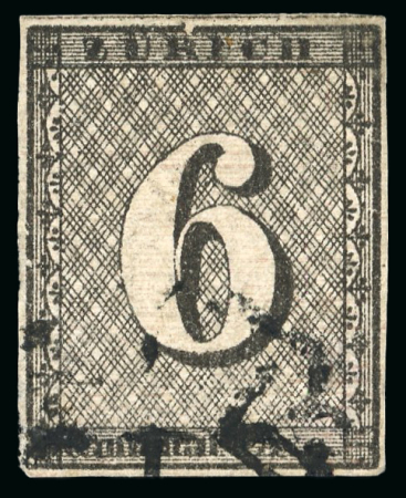 Stamp of Switzerland / Schweiz » Kantonalmarken » Zürich Zürich 6, Type III, 88. Marke des Bogens, zart entwertet mit schwarzer Zürcher Rosette (AW1)