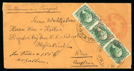 Stamp of United States » 1851-57 Issue 1856 (Aug 9) cover to Vienna, Austria, bearing 10c green in vertical strip of three