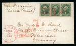 Stamp of United States » 1851-57 Issue 1856 (Sep 9) cover to Munich, Germany, bearing 10c green type III in horizontal strip of 3