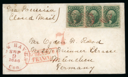 Stamp of United States » 1851-57 Issue 1856 (Sep 9) cover to Munich, Germany, bearing 10c green type III in horizontal strip of 3