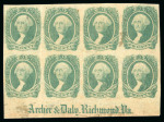 Stamp of United States » Confederate States » General Issues 1863 Washington 20c green in lower marginal mint block of 8 with large margins and printer's inscription