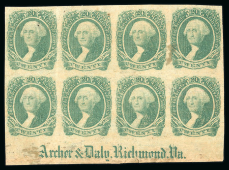 Stamp of United States » Confederate States » General Issues 1863 Washington 20c green in lower marginal mint block of 8 with large margins and printer's inscription