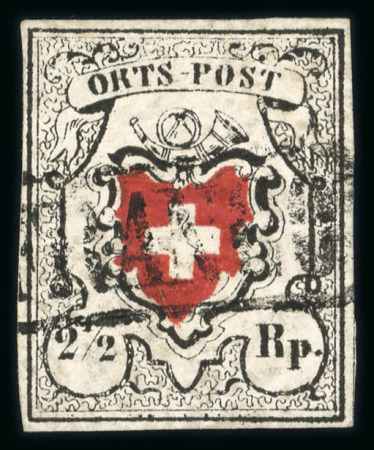 Stamp of Switzerland / Schweiz » Orts-Post und Poste Locale 1850, Orts-Post ohne Kreuzeinfassung, Type 7, leicht und sauber entwertet mit schwarzem FRANCO im Kasten von Basel (AW440)