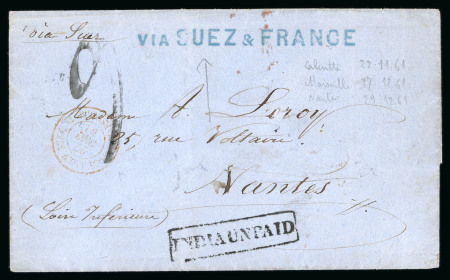 Stamp of Egypt » Postal History 1861 stampless entire from Calcutta to Nantes via Suez, with fine ''VIA SUEZ & France'' handstamp