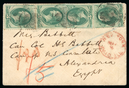 Stamp of Egypt » Austrian Post Offices » Alexandria 1875 incoming small cover from USA bearing four Washington 3c