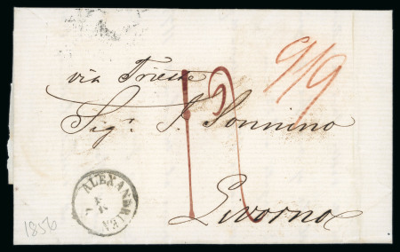 Stamp of Egypt » Austrian Post Offices » Alexandria 1856 entire to Livorno, Italy with ''ALEXANDRIEN'' cds (23mm) despatch in black