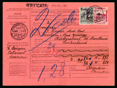 Stamp of Egypt » 1914-1922 Pictorials 1923 Parcel card bearing Crown ovpt 100m and 200m to Switzerland tied 'CATARACT HOTEL ASWAN" cds