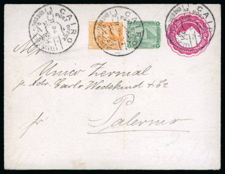 Stamp of Egypt » Postal Stationery 1894 (Feb 2)5m Postal Stationery cover, uprated with 2m and 3m Palermo, tied by Ghesireh Palace Cairo Hotel cds