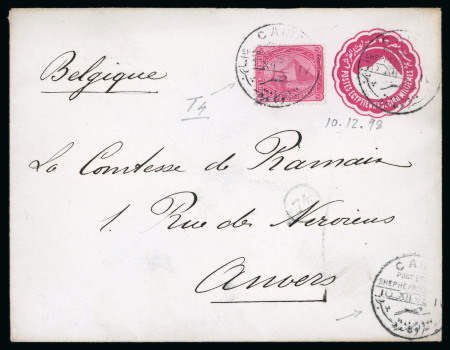 Stamp of Egypt » Postal Stationery 1898 (Dec 10) 5m Postal Stationery envelope to Belgium, uprated with 5m tied by Shepheard's Hotel cds