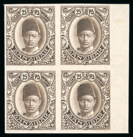 Stamp of Zanzibar » The Zanzibar Post Office (1895-1964) 1908-09 25c sepia imperf. plate proof right marginal block of four