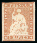 Stamp of Switzerland / Schweiz » Sitzende Helvetia Ungezähnt » Münchner Druck, 1. Auflage 5 Rp. hellbraunorange vom ersten Münchner Druck, ungebraucht mit sehr seltenem nur leicht gefalzten Originalgummi