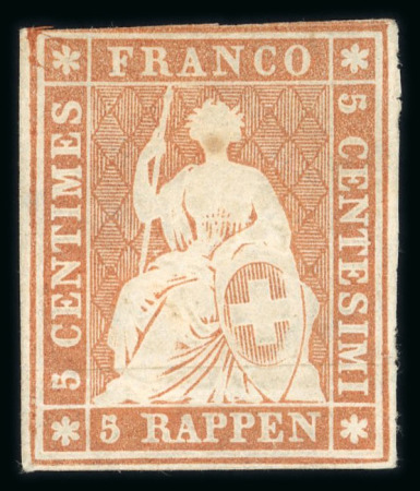 Stamp of Switzerland / Schweiz » Sitzende Helvetia Ungezähnt » Münchner Druck, 1. Auflage 5 Rp. hellbraunorange vom ersten Münchner Druck, ungebraucht mit sehr seltenem nur leicht gefalzten Originalgummi