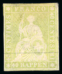 Stamp of Switzerland / Schweiz » Sitzende Helvetia Ungezähnt » Münchner Druck, 1. Auflage 40 Rp. lebhaftgelboliv vom ersten Münchner Druck in fast perfekter Erhaltung