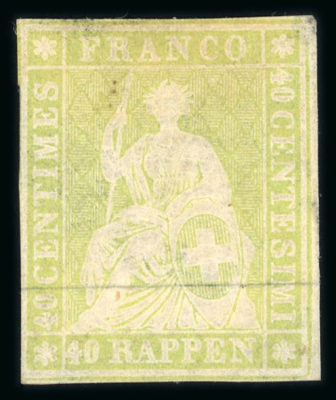 Stamp of Switzerland / Schweiz » Sitzende Helvetia Ungezähnt » Münchner Druck, 1. Auflage 40 Rp. lebhaftgelboliv vom ersten Münchner Druck in fast perfekter Erhaltung
