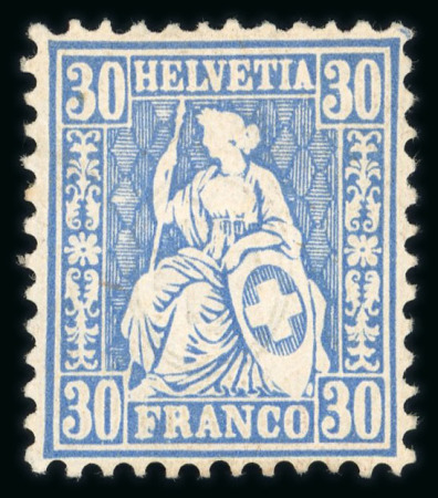 Stamp of Switzerland / Schweiz » Sitzende Helvetia Gezaehnt » Briefmarken 1867-1878 1867 Sitzende Helvetia 30 Rp. reinblau, farbfrisch, einwandfrei gezähnt und zentriert